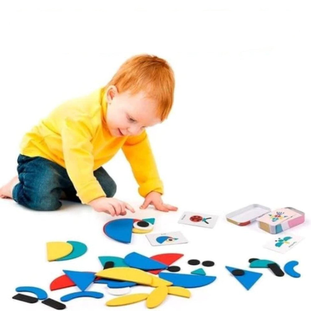 Montessori Drewniane Puzzle – 36 Klocków i 60 Kart do Kreatywnej Nauki