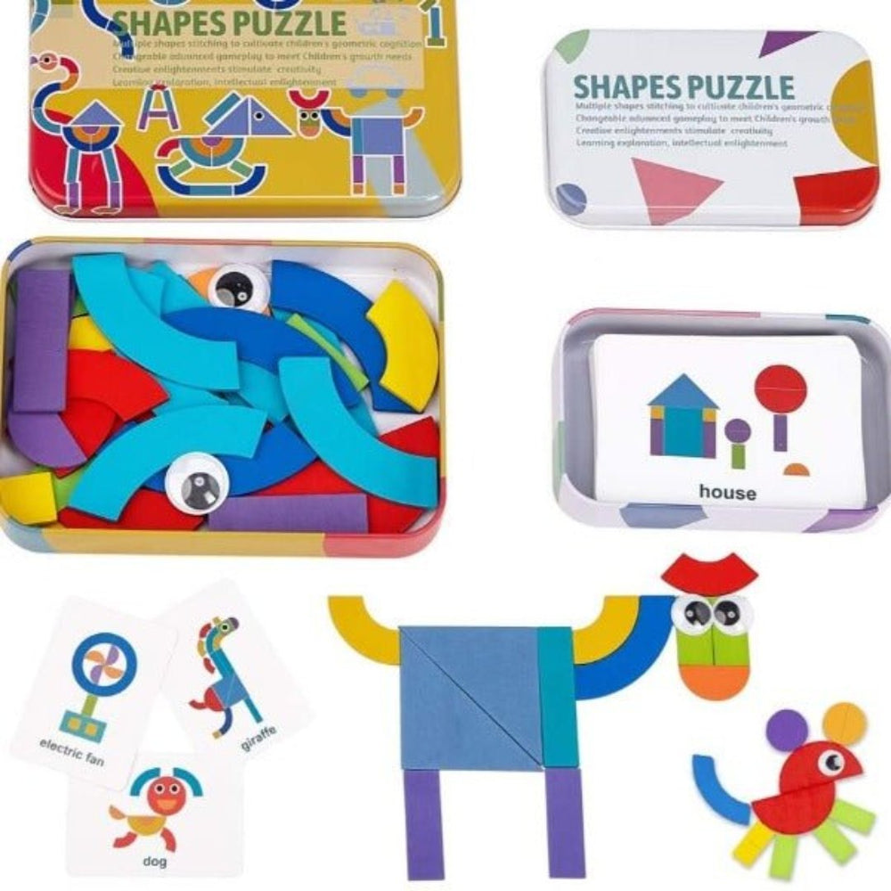 Montessori Drewniane Puzzle – 36 Klocków i 60 Kart do Kreatywnej Nauki