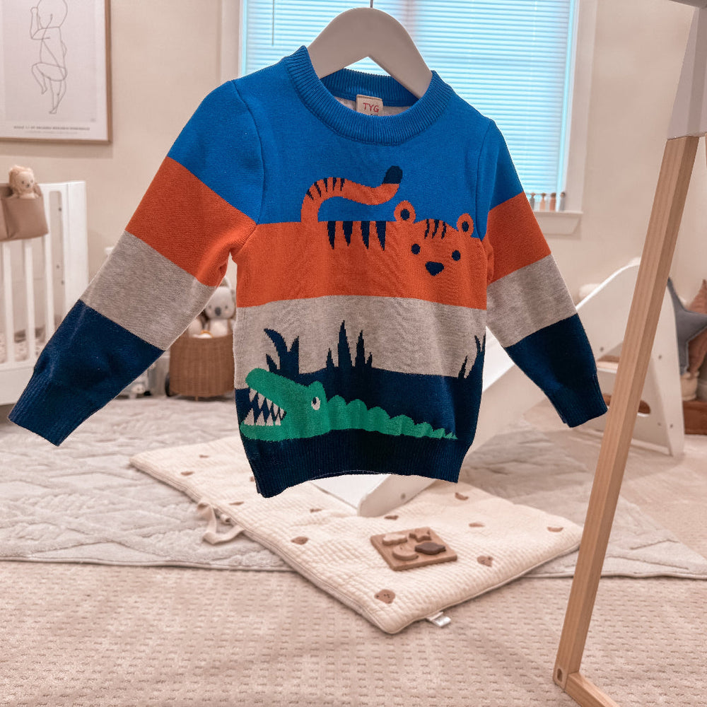 Dzianinowy Sweter dla Chłopca ze Zwierzętami – 100% Bawełna